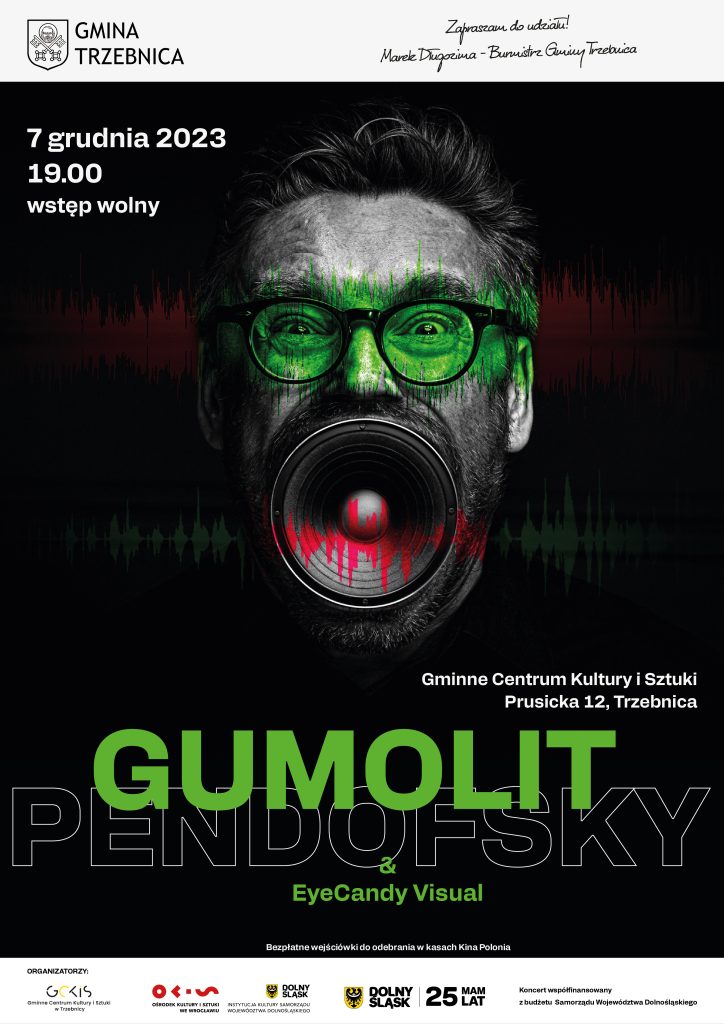plakat reklamujący koncert gumolit pendofsky & eyecandy visual. przedstawia głowę mężczyzny w okularach z głośnikiem w ustach.