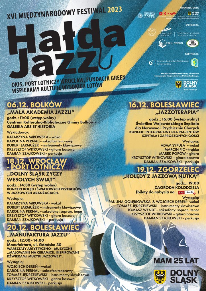 plakat reklamujący XVI międzynarodowy festiwal hałda jazz 2023, zawiera program wydarzeń i logotypy organizatorów