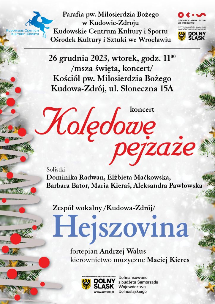 Plakat reklamujący koncert kolęd Kolędowe pejzaże w wykonaniu zespołu Hejszovina