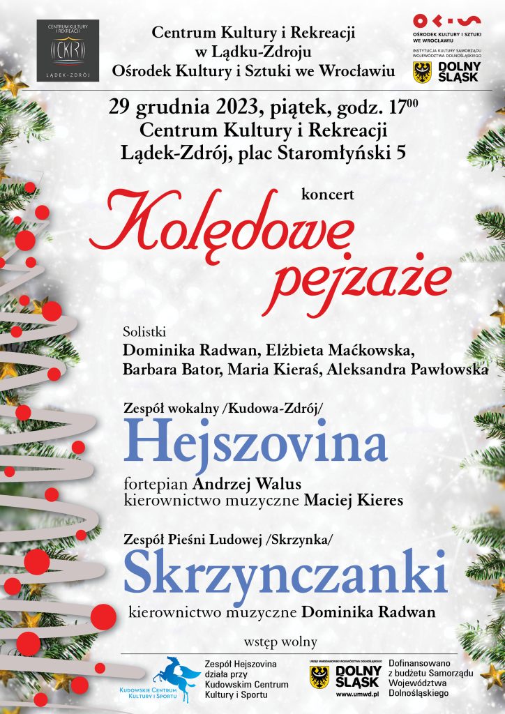 Plakat reklamujący koncert kolęd pt Kolędowe pejzaże w wykonaniu zespołu Hejszovina I Skrzynczanki