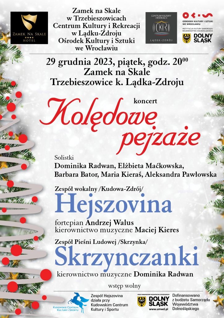 Plakat reklamujący koncert kolęd pt Kolędowe pejzaże w wykonaniu zespołu Hejszovina I Skrzynczanki